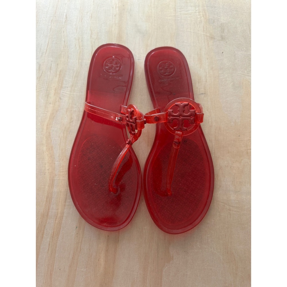 Tory Burch Miller Jelly Thong Sandals Red Translucent Logo Flats Womens 8